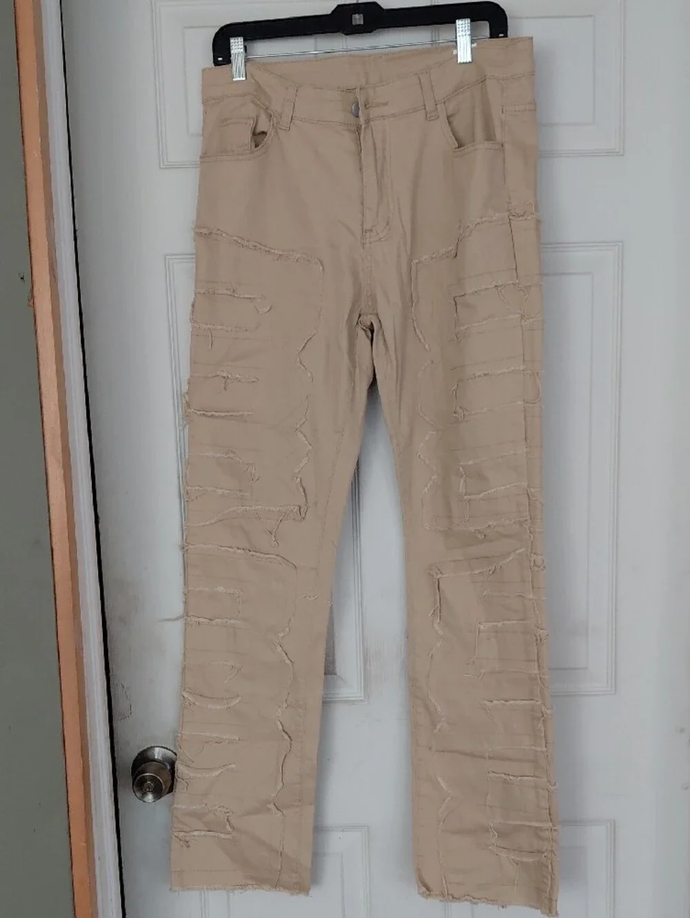 Unbranded Distressed Patchwork Pants 28 LARGE Khaki Frayed Streetwear Detail